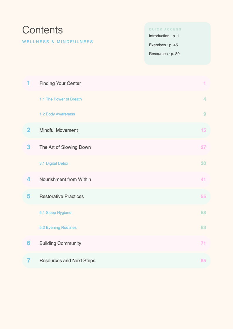 Soft organic book table of contents